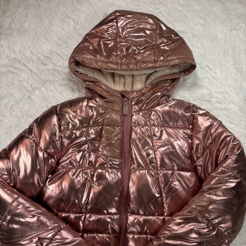 Metallic Rose Gold Puffer Jacket Faux Fur Hooded Winter Coat Girls M 7 8